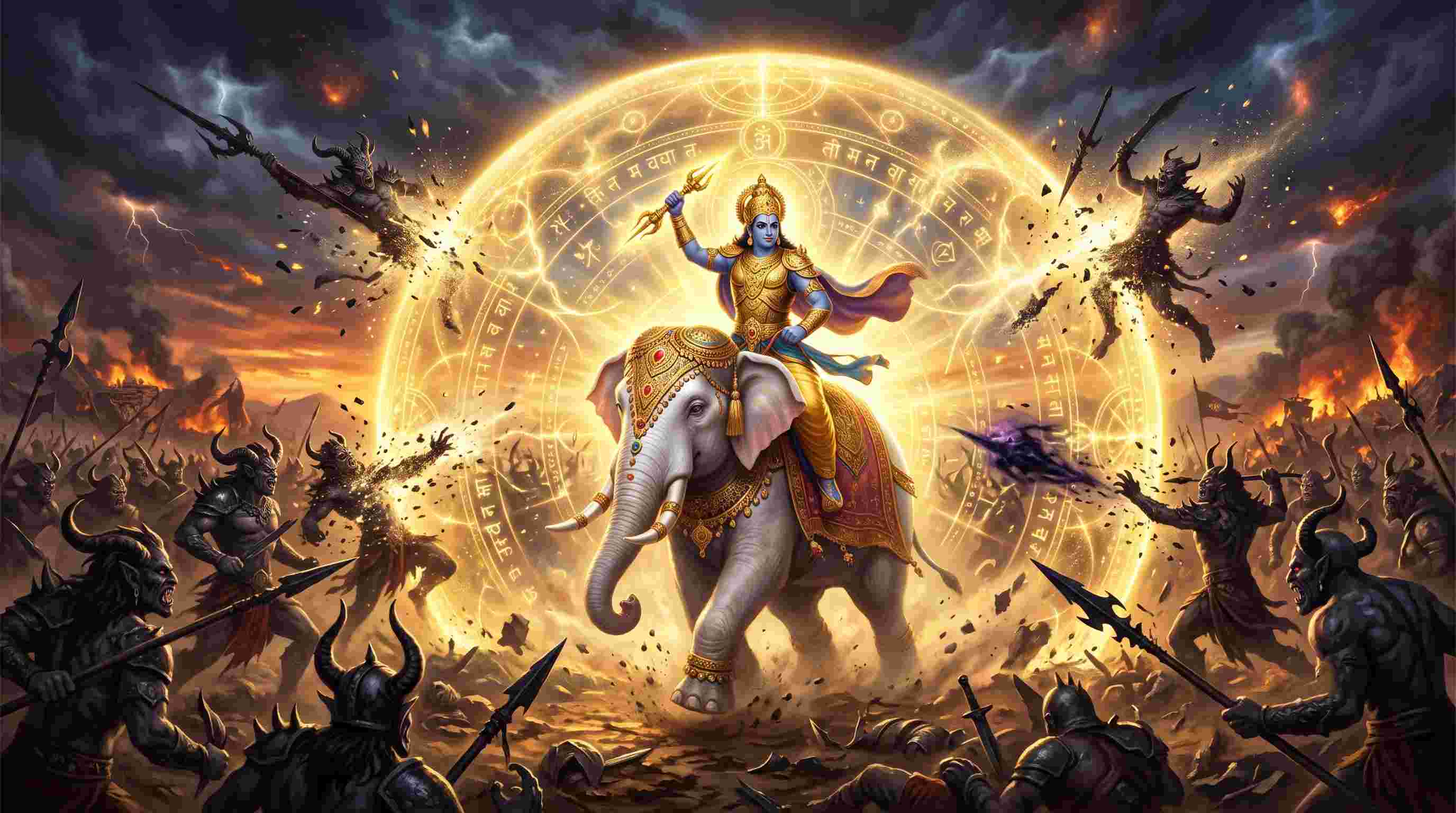 Lord Indra fighting Vritrasura with Narayan Kavach